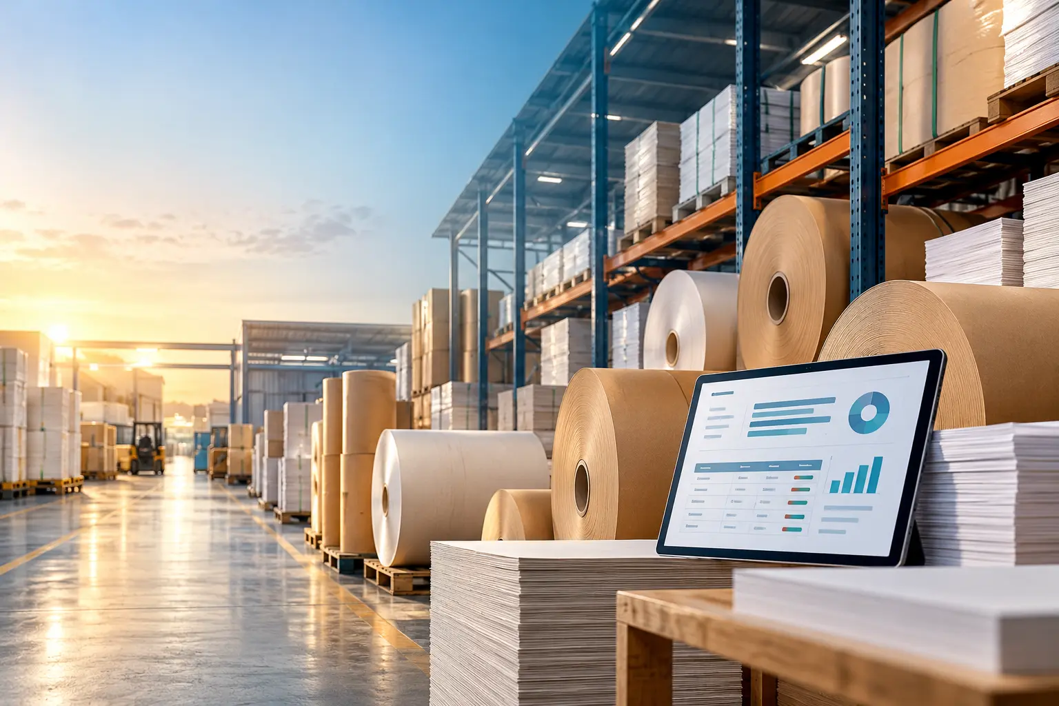 Paper inventory management software for paper traders and mills showing paper reels, sheets and an ERP dashboard